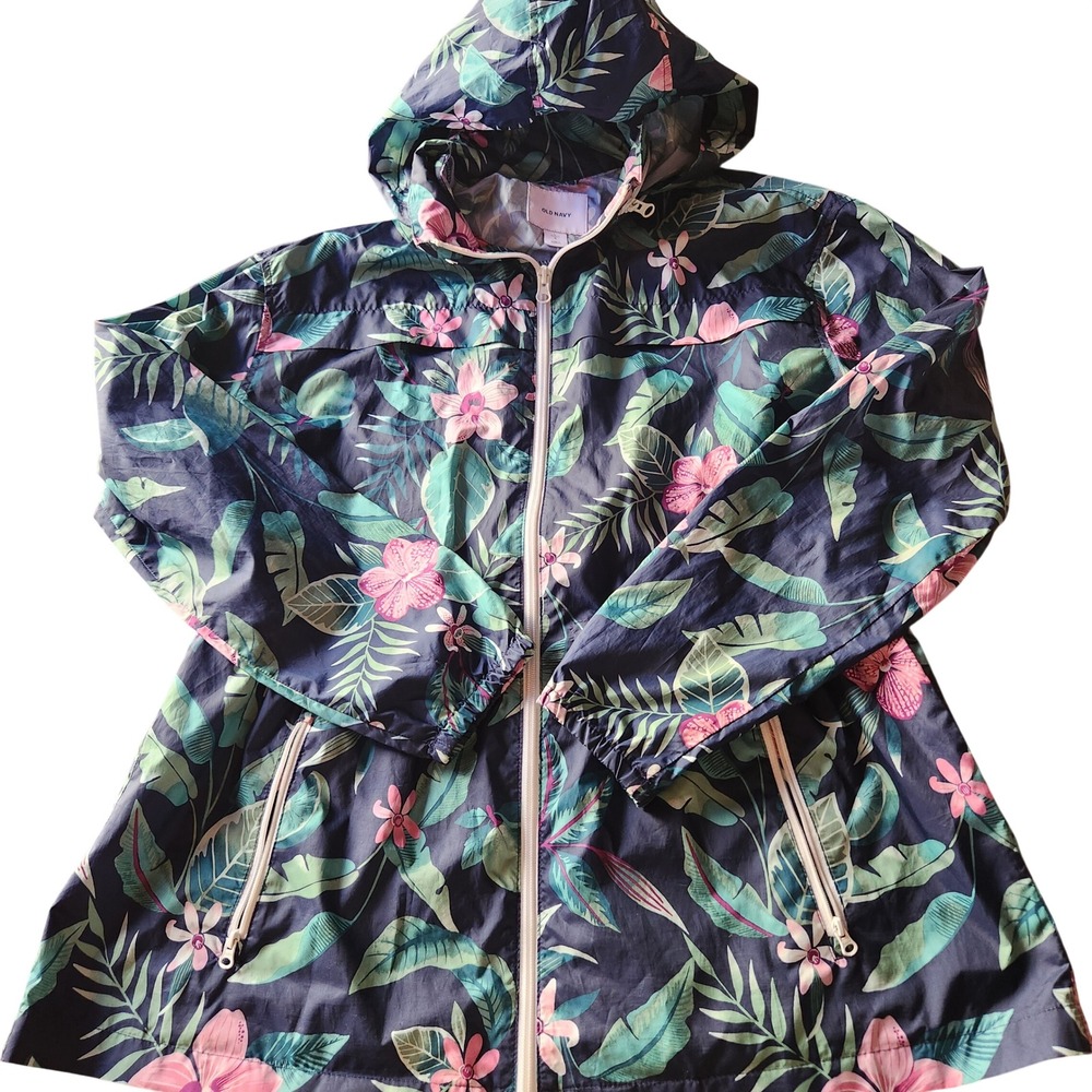 Old Navy Womens Tropical Floral Windbreaker Jacket Navy Blue Pink‎ Large